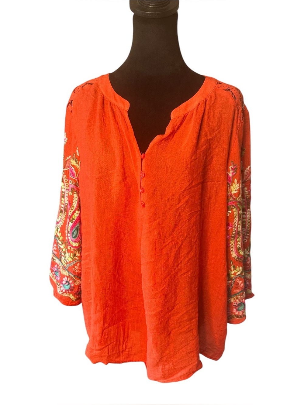 Christopher & Banks Women’s Large Orange Embroidered Boho Blouse Lace Sleeve Top